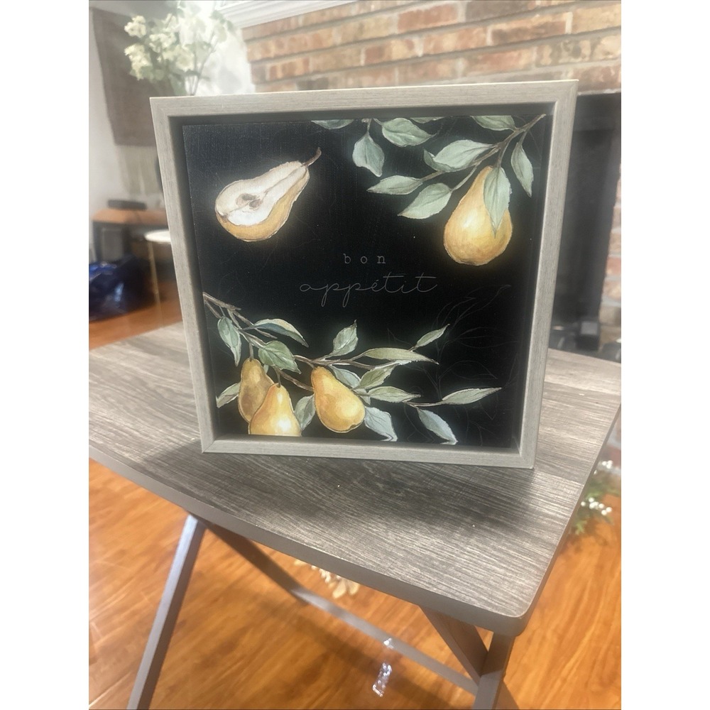 Framed Canvas Pear Wall Art Farmhouse French Kitchen Decor Black Bon Appetite